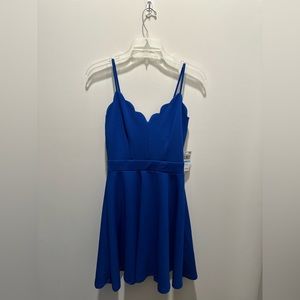 short royal blue a-line dress with scallop neckline